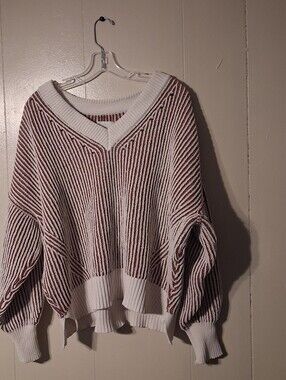 aerie Red and White Striped V-Neck Sweater